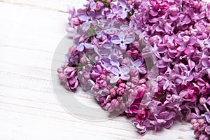 Lilac flowers on white wooden background,