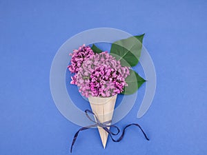 Lilac flowers in a cone with a ribbon.