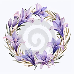 Lilac Lily Wreath With Styluted Green Branches And Blooming Blue Blossoms