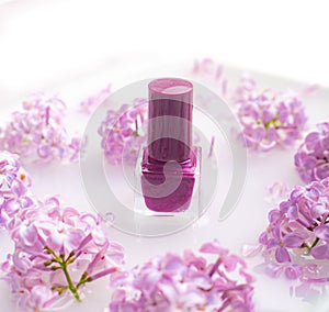Lilac nail polish and a branch of lilac . A bottle of nail polish without a name. The concept of advertising the