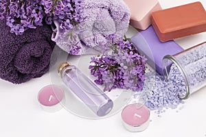 Lilac nature cosmetics, handmade preparation of essential oils, perfume, creams, soaps from fresh and lilac flowers
