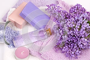 Lilac nature cosmetics, handmade preparation of essential oils, perfume, creams, soaps from fresh and lilac flowers