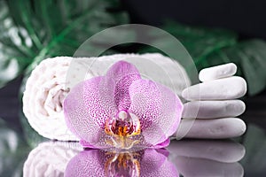 Lilac orchid flower, rolled towel and stack of white stones with monstera leaves, on black surface. SPA salon