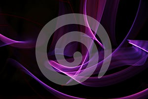 Lilac-purple-pink-violet curled line - ribbon painted by light on the black background. Improvisational painting by light.