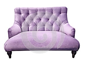 Lilac sofa. Soft purple couch. Isolated background. Velour setee or bench. Couch-type screed love seat with capitone