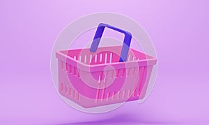 Lilac studio background with pink empty shopping basket. 3d rendering