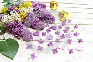 Lilac, sweet alison, snowberry, hearts and gifts