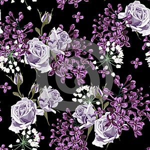 Lilac and violet roses seamless pattern. Spring tenderness background.