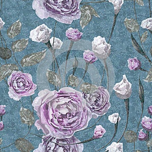 Lilac and white rose flowers with leaves on grunge foam blue background.