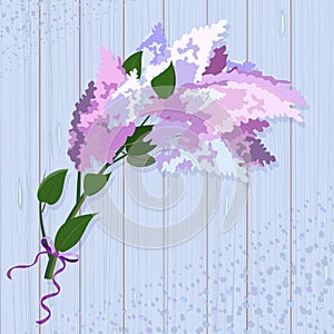 Lilacs flowers branch on blue wooden background.