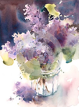 Lilacs in the Vase Watercolor Flowers Illustration Hand Painted