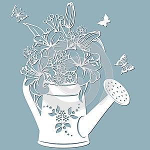 Lilies and chrysanthemums in a jar of water. watering can. Vector illustration. Paper flower, stickers. Laser cut. Template for