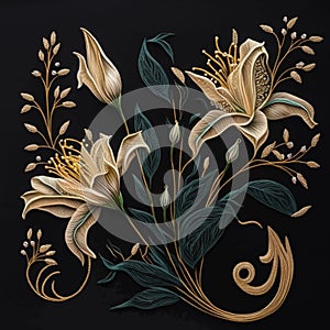 Lilies flowers. Embroidered gold 3d lily flowers, leaves. Embroidery floral vector background illustration. Tapestry beautiful