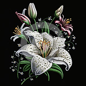 Lilies flowers. Embroidered white lily flower, buds, leaves. Embroidery floral vector background illustration with beautiful