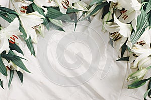 Lilies are lying on white bed sheet. Romantic concept in flat lay style