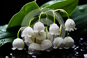 lilies of the valley with waterdrops on dark background