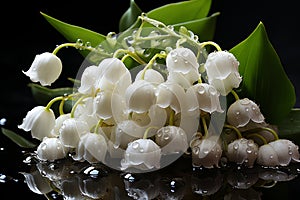 lilies of the valley with waterdrops on dark background