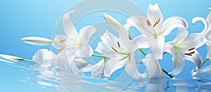 lilies of white flowers and lily grass on a bright bluewhite background, photo