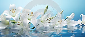 lilies of white flowers and lily grass on a bright bluewhite background, photo