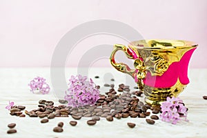 Lillac flower  cup   a coffee sweets, coffee beans