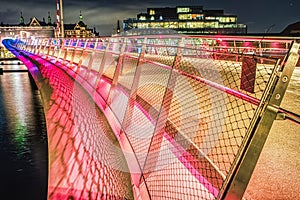 Lille Langebro is a modern cycle and pedestrian bridge in Copenhagen across the city 's canal or quayside coloured by pink