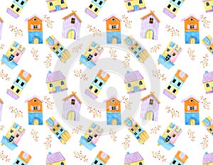 Lilltle Cute House and Pink Flower Seamless Pattern in watercolor.