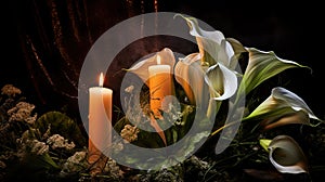 Lilly and burning candels in darkness