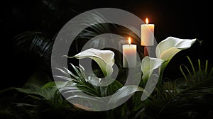 Lilly and burning candels in darkness