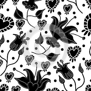 Lilly and Hearts-Flowers in Bloom seamless repeat pattern Background in Black and White