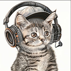 lIlustration of cat in cap and headphones.