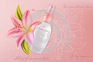 Lily cosmetics for face sensitive skin beauty vector illustration, facial skincare cream with beautiful pink lily