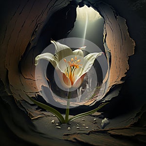Lily flower in a hole in the wall, 3d illustration.Generative AI