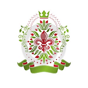 Lily Flower Royal emblem. Heraldic Coat of Arms isolated vector illustration created with decorative ribbon and imperial crown.