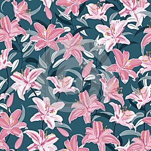 Lily flower seamless pattern on green background, Pink and White lily floral