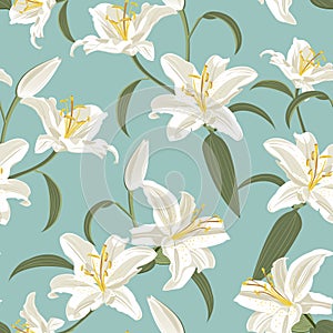 Lily flower seamless pattern on green background, white lily floral