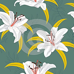 Lily flower seamless pattern on green background, White lily floral