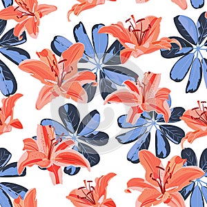 Lily flower seamless pattern on white background with blue leaves, Orange lily floral