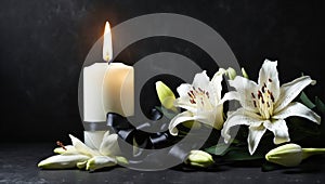 Lily flowers and burning candle on dark background