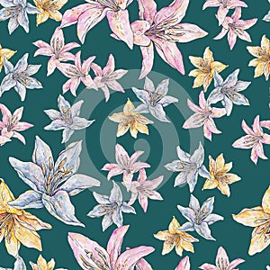 Lily flowers isolated on green background. Watercolor handwork illustration. Draw of blooming lily. Seamless pattern for design