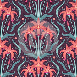 Lily flowers ornamental seamless pattern with floral elements. Texture for wallpapers, fabric, wrap, web page backgrounds, vector