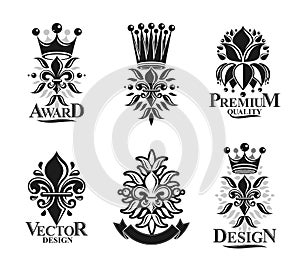 Lily Flowers Royal symbols, floral and crowns, emblems set. Heraldic Coat of Arms decorative logos isolated vector illustrations
