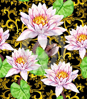 Lily flowers - waterlily, golden asian ornament. Seamless floral pattern. Watercolor