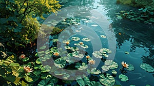 green Lily pads and white Lotus flowers on a dark background. Floral print with aquatic plants. Botanical texture, overgrown pond