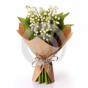 Lily Of The Valley Bouquet In Brown Paper - White Background - Hallyu Style