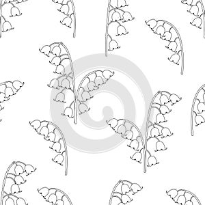 Lily of the valley floral seamless pattern, black and white drawing, coloring, vector illustration. Outline buds flowers bluebells