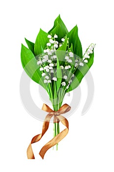 Lily of the valley flower bouquet with brown bowknot white background isolated close up, beautiful may lilies bunch, green leaves