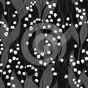 Lily of the valley. Seamless vector pattern on a black background.