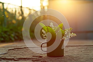 Lily of the valley in a vintage mug on the background of an evening sunset. Copy space. Rustic concept