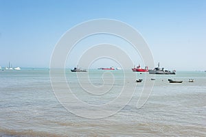 LIMA, PERU - APRIL 12, 2013: South Pacific Ocean Coastline with Ships and Yachts