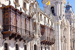 Lima, Peru, Archbishop Palace on colonial Central plaza Mayor or Plaza de Armas in historic center